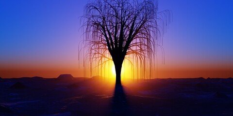 Naklejka premium sunset in the mountains sunset over clouds rise sky tree light nature summer view sunsrise golden sunset landscape 3d render illustration wallpaper background 