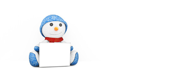 snowman with empty white blackboard, isolated on white background