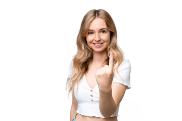 Young English woman over isolated background doing coming gesture