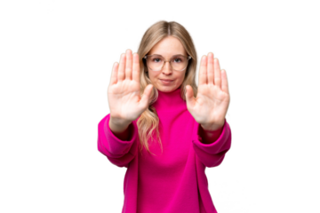 Young English woman over isolated background making stop gesture and disappointed