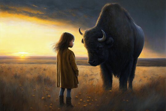 Little girl next to a bison in a field at sunset