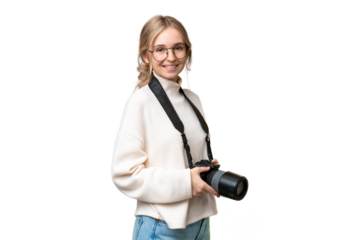 Young photographer English woman over isolated background with arms crossed and looking forward