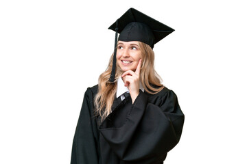 Young university English graduate woman over isolated background thinking an idea while looking up