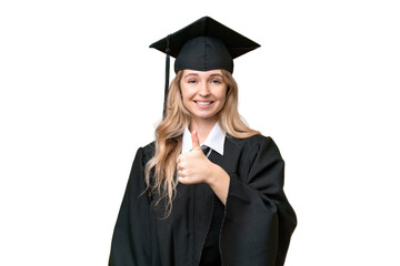 Young university English graduate woman over isolated background giving a thumbs up gesture