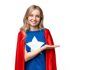 Super Hero English woman over isolated background presenting an idea while looking smiling towards