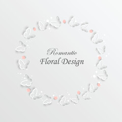 Beautiful paper butterfly on a white background. Round frame. Greeting card with paper butterfly.