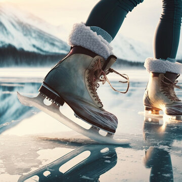 A woman skates on a frozen lake. Cropped image of woman in ice skates