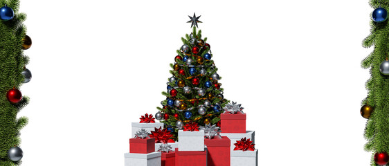 Christmas tree decoration and gift boxs. 3D Render