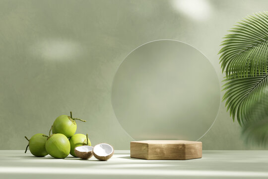 Product display podium platform with coconut fruit decoration background 3d rendering