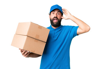 Delivery caucasian man over isolated chroma key background with surprise expression