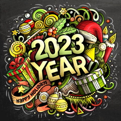 2023 doodles illustration. New Year objects and elements poster