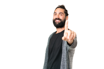 Young man with beard over isolated chroma key background showing and lifting a finger