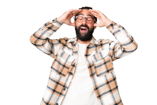 Young man with beard over isolated chroma key background with surprise expression