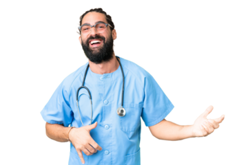 Young doctor man over isolated chroma key background making guitar gesture