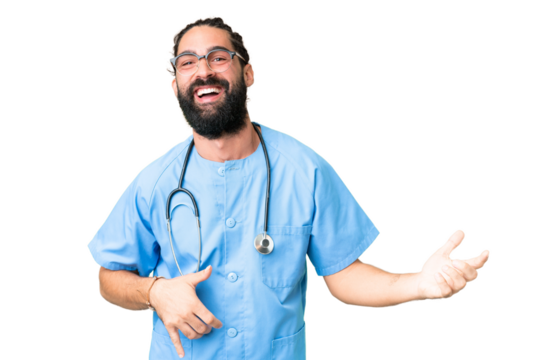 Young doctor man over isolated chroma key background making guitar gesture