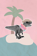 Vertical collage image of funky dinosaur wear sunhat inflatable rings isolated on painted palm...