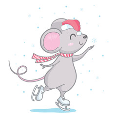 Funny Rat in a red Santa's hat, in a striped scarf. Merry Christmas . New Year card, hand drawn style print. Vector illustration.