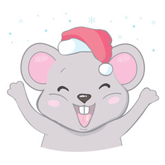 Funny Rat in a red Santa's hat, in a striped scarf. Merry Christmas . New Year card, hand drawn style print. Vector illustration.