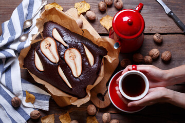 pear pie on wooden board
