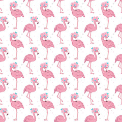 Flamingo Cute Seamless Pattern with prince or princess crown and star, Summer Wallpaper Background, Cartoon Vector illustration