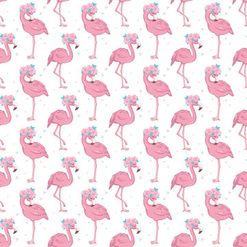 Flamingo Cute Seamless Pattern with prince or princess crown and star, Summer Wallpaper Background, Cartoon Vector illustration