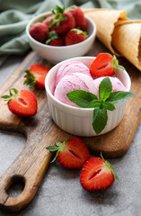 Homemade strawberry  ice cream with fresh strawberries