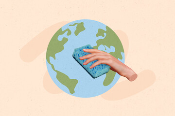 Creative abstract collage template graphics image of arm washing wisp miniature planet isolated drawing background