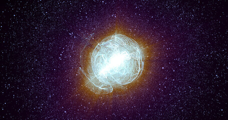 Bright glowing shiny star energy sphere ball with an explosion of energy in the core on a black background hi-tech space. Abstract background