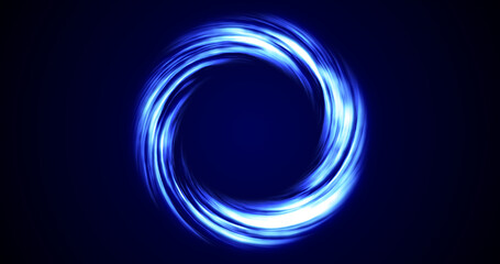 Looped twirl circle of stripes and lines of bright blue beautiful pixels magical energy glowing neon, round frame. Abstract background