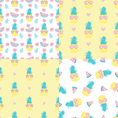 Set of geomterical yellow summer and fruit seamless patterns.