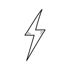 Hand drawn electric lightening element. Comic doodle sketch style. Thunderbolt for flash, energy concept icon. Vector illustration.