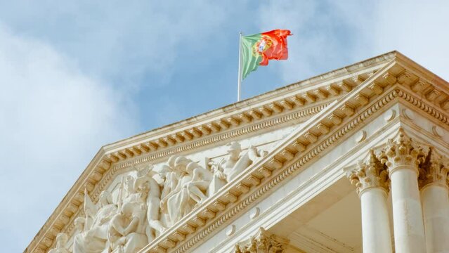 Establishing shot of the Palacio de Sao Bento palace, home of the Portuguese Parliament, or Assembly of the Republic, in Lisbon, Portugal