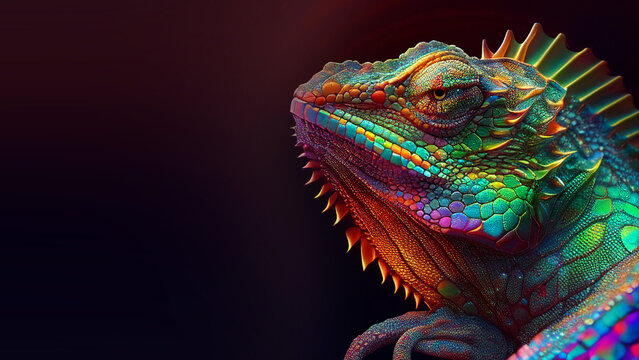 close up of a colorful chameleon, rainbow, shimmering, reptiles, wildlife, goad, illustration, space for text, generative ai