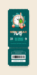 New Year Party ticket template. Illustration of a champagne bottle, Christmas balls and a clock on a teal background. Vector 10 EPS.