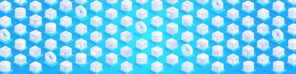 Obraz premium Technology background. Abstract futuristic cubes design and different geometric shapes. Digital innovation and artificial intelligence. Blockchain tech. Vector illustration in isometric view
