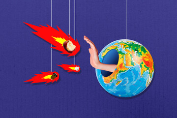 Collage photo of creative magazine hanging earth with meteorite trash paper cup hand protect world...