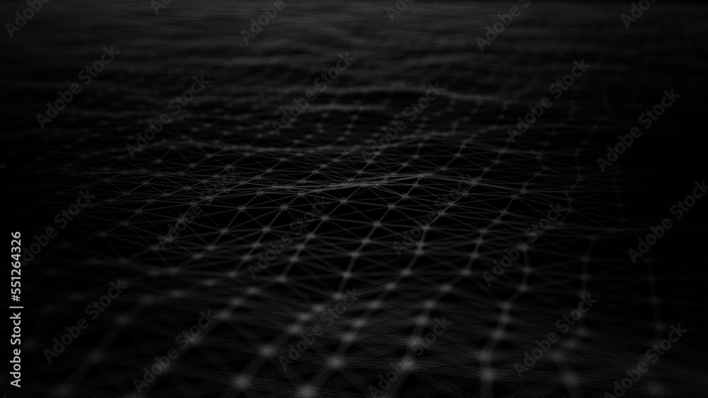 Poster wave of digital particles on a black background. abstract interlacing lines and points. digital conn