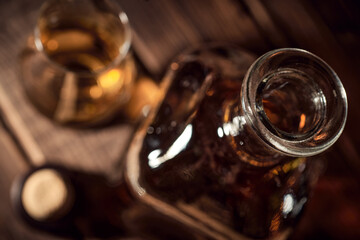 Whisky still life on a wooden background