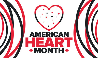 American Heart Month in United States. Celebrate annual in February. Nationwide problem of heart and blood vessel diseases. Medical healthcare concept. Support and protection campaign. Vector poster