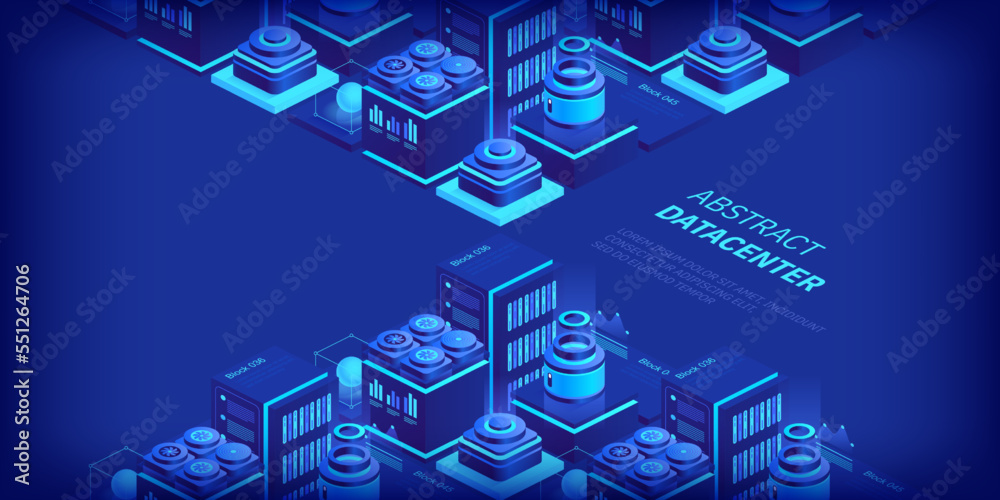 Wall mural hosting server isometric vector illustration. abstract 3d datacenter or blockchain background. netwo