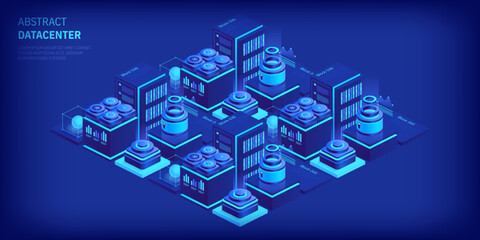 Hosting server isometric vector illustration. Abstract 3d datacenter or blockchain background. Network mainframe infrastructure website header layout. Computer storage or farming workstation.