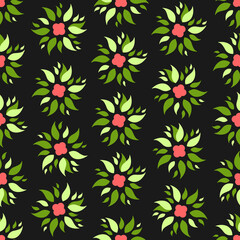 Red flowers and green leaves on black background. Floral seamless pattern. Best for textile, wallpapers, wrapping paper, package and home decoration.