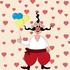 A Ukrainian Cossack in a white shirt and red trousers with a mustache and a traditional oseledets holds heart-shaped balloons in his hand on viva magenta background. Happy valentines day concept. 