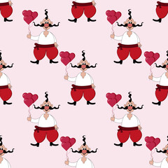 Seamless pattern with ukrainian Cossack in a white shirt and red trousers with a mustache and a traditional oseledets holds heart-shaped balloons in his hand on viva magenta background.