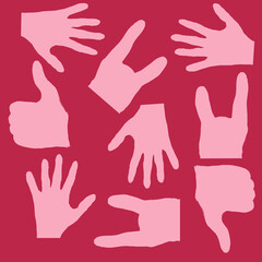 Set of pink hand gestures on viva magenta background. Palm silhouette, thumb up and a rock and roll symbol. Creative abstraction with gestures.