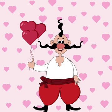 A Ukrainian Cossack in a white shirt and red trousers with a mustache and a traditional oseledets holds heart-shaped balloons in his hand on viva magenta background. Happy valentines day concept. 