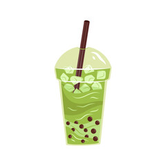 Vector matcha bubble tea. Illustration of japanese dessert. Asian food. Green tea.