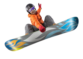 Snowboarder jumping through air with isolated background. Winter Sport transparent background.