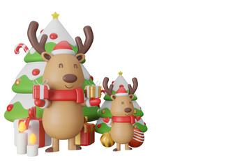 3d illustration Merry Christmas and Happy New Year with big and small reindeer holding gift boxs