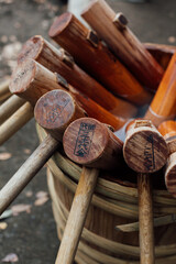Wooden mallet, or kine (杵) used to pound rice to make mochi in mochitsuki festival in Japan.